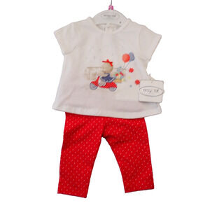 NWT Boutique Set Mayoral Girl 1- 2 M White Top Bear on Moped Red Pants with Dots